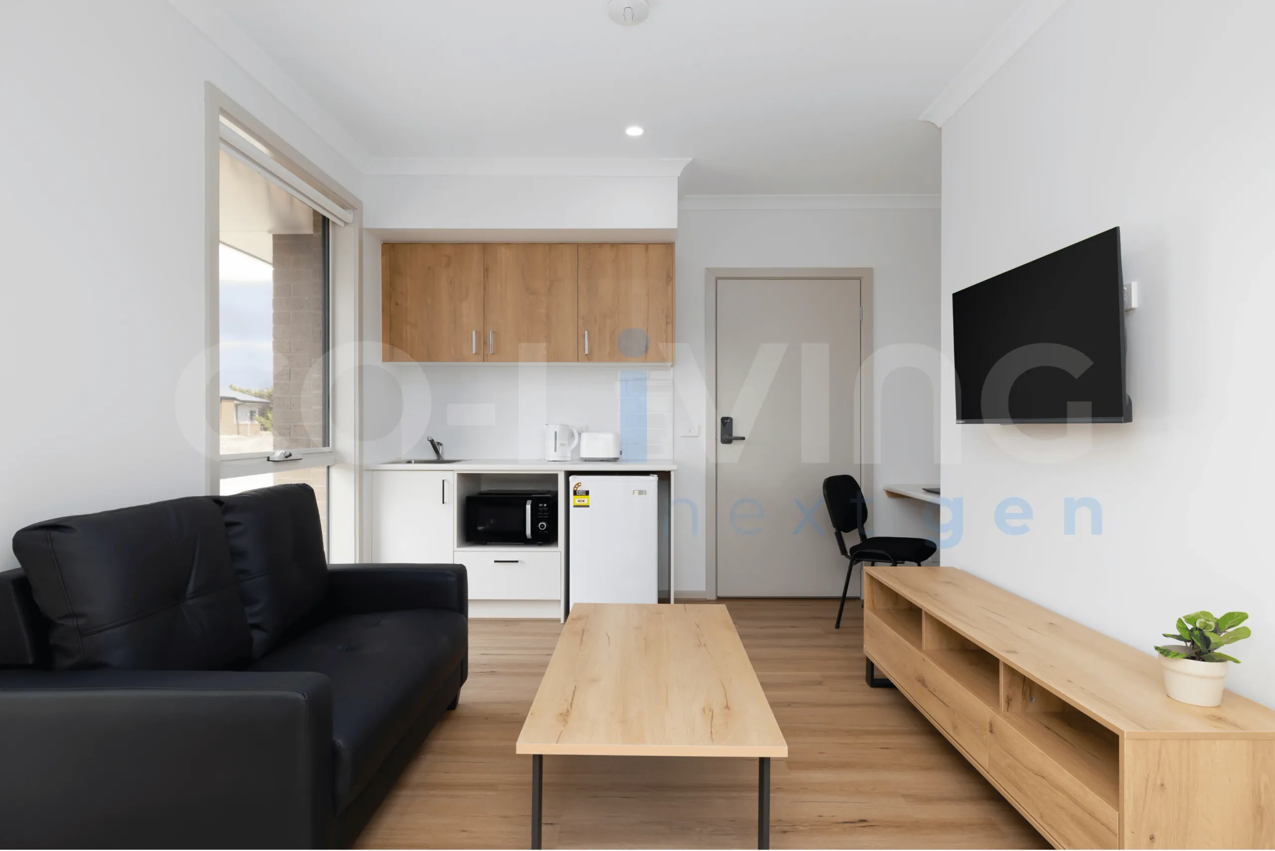 Furnished co-living room with sofa, TV and kitchenette