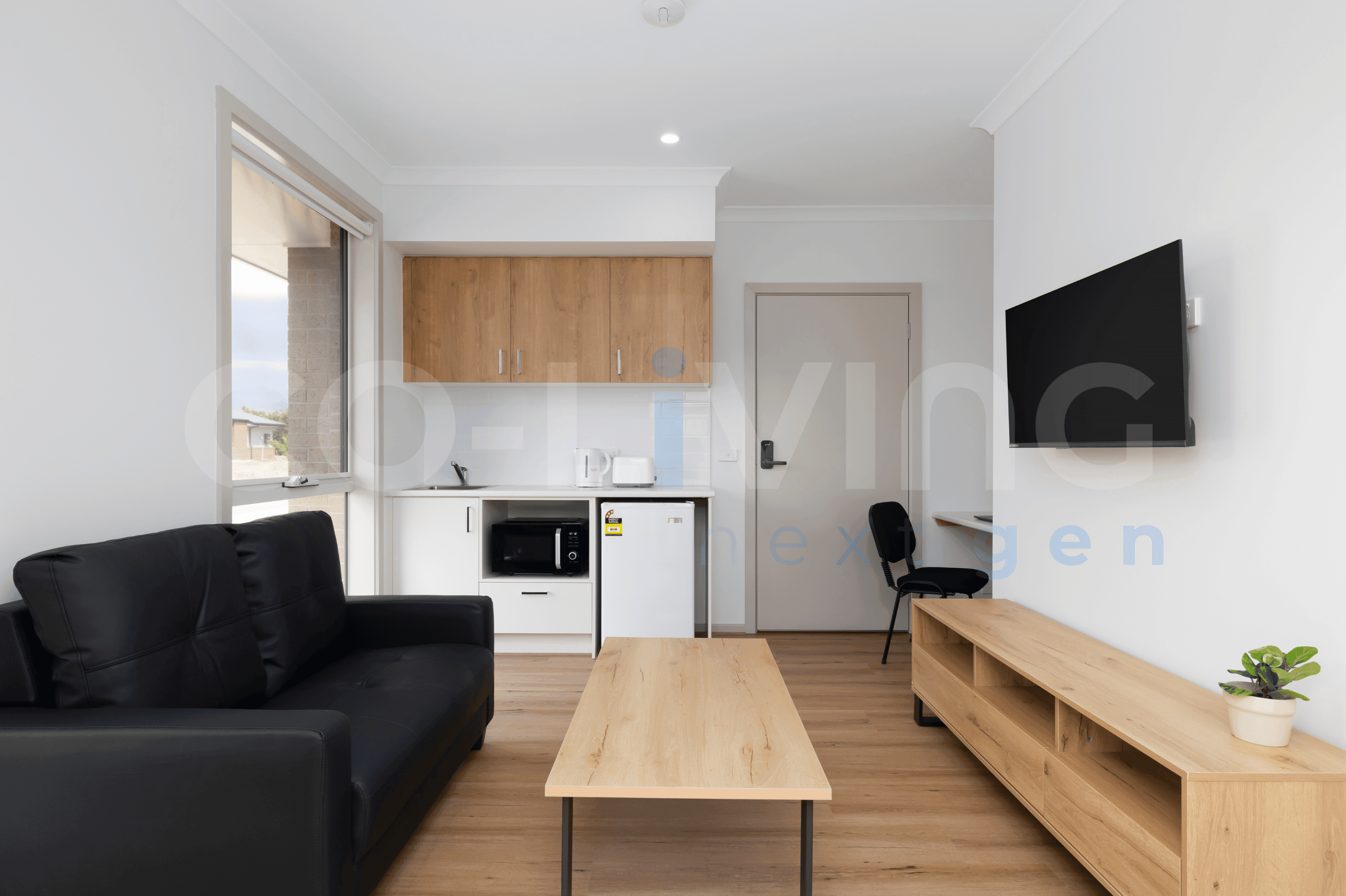 Furnished co-living room with sofa, TV and kitchenette
