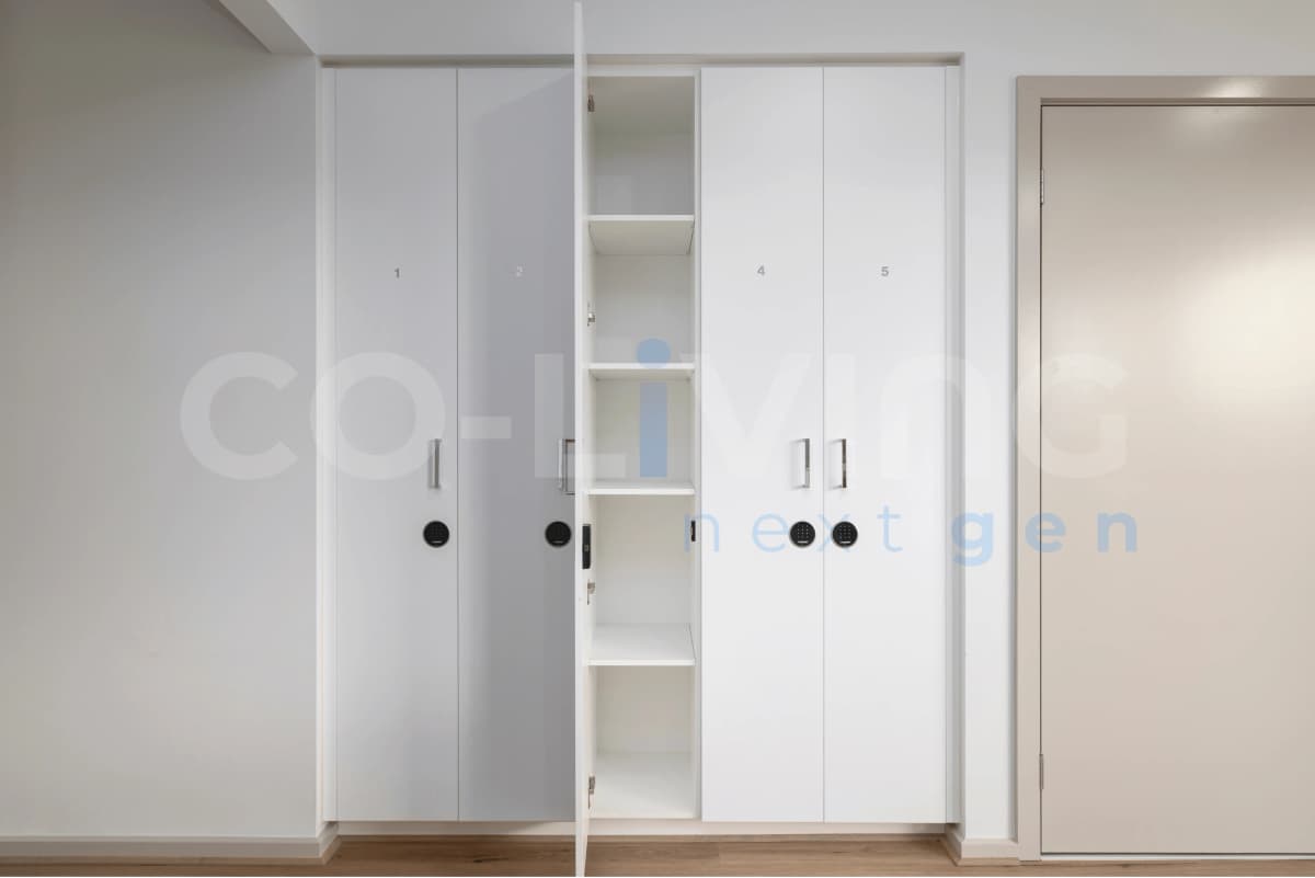 Numbered storage lockers in a co-living house