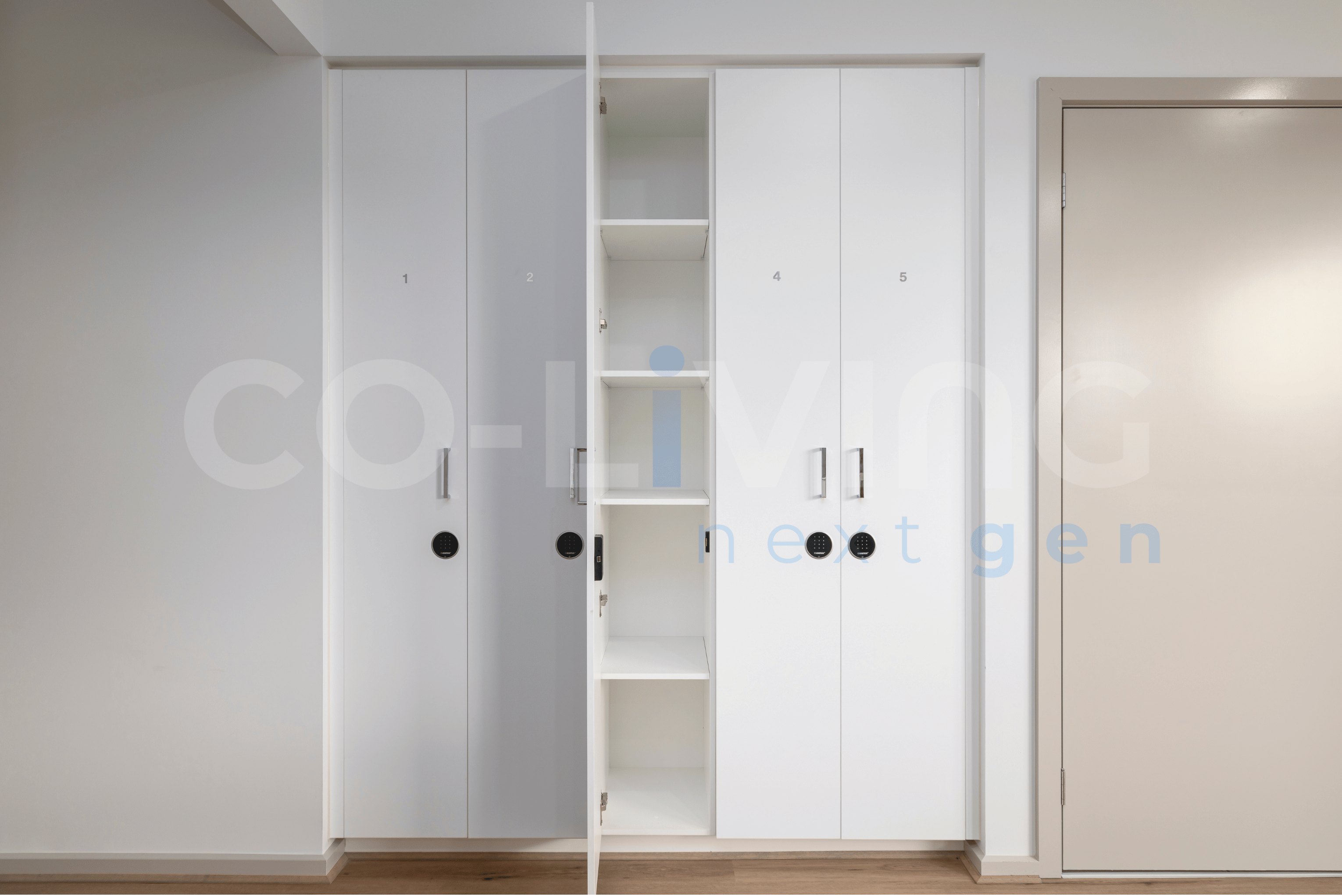 Numbered storage lockers in a co-living house